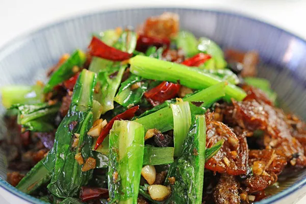 Sautéed A-choy with Diced Fish in Black Bean Sauce