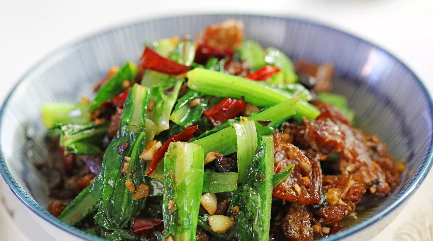 Sautéed A-choy with Diced Fish in Black Bean Sauce